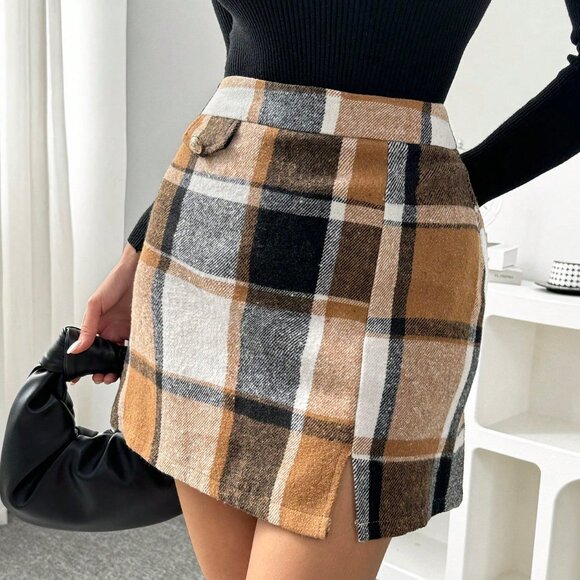 Multicolor Casual Women's Button-Embellished Plaid Pencil Skirt - Picture 5 of 6